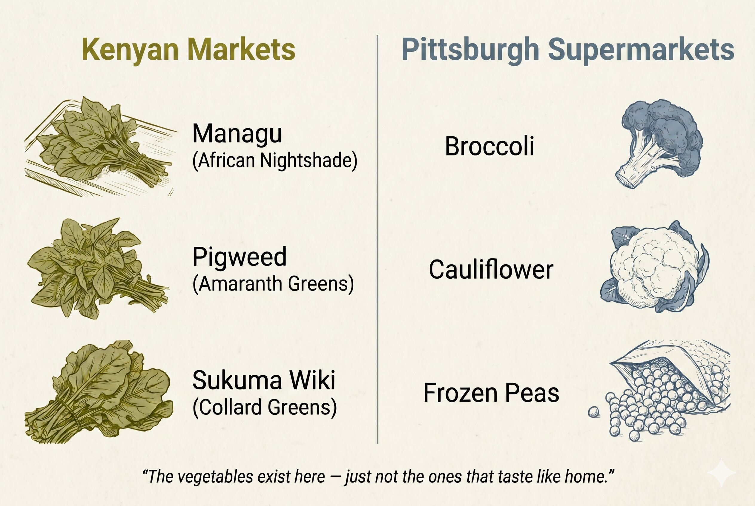 Side by side comparison of vegetables available in Kenyan markets versus Pittsburgh supermarkets. Left column shows managu, pigweed and sukuma wiki. Right column shows broccoli, cauliflower and frozen peas.