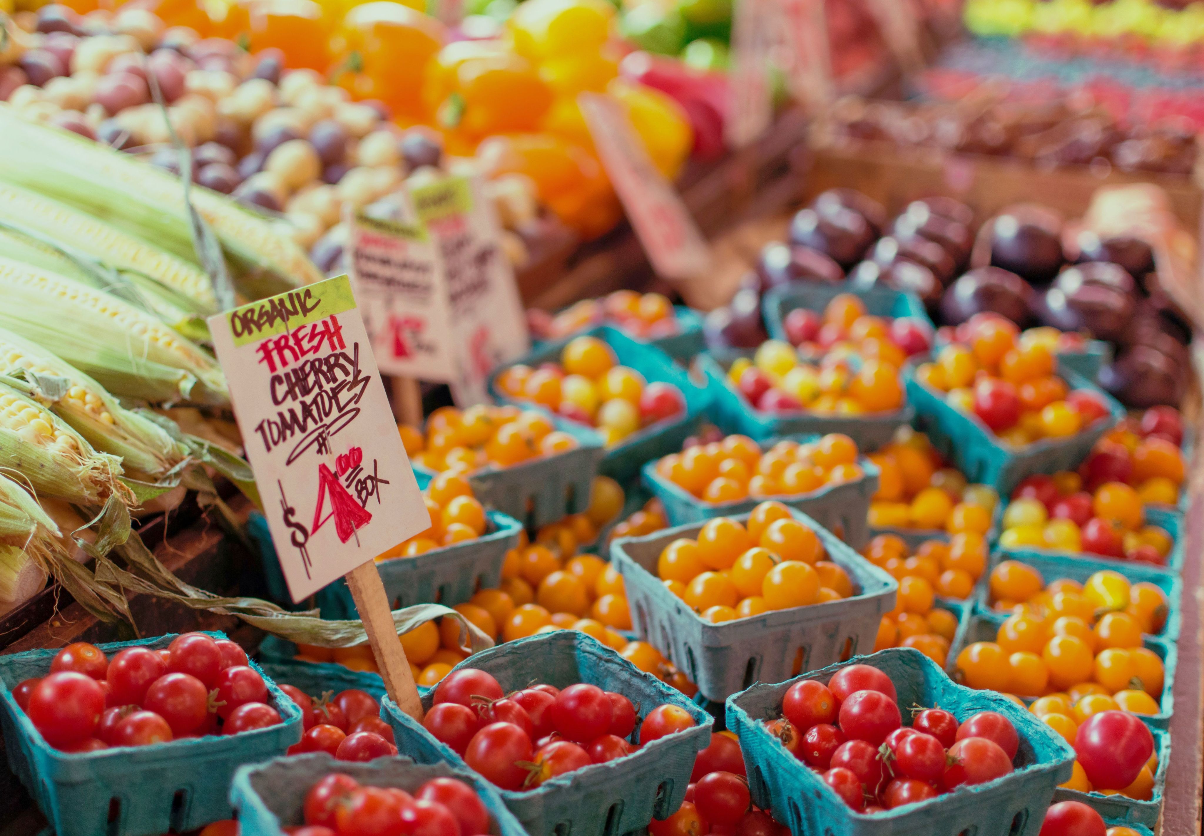 red tomato lot on blue baskets